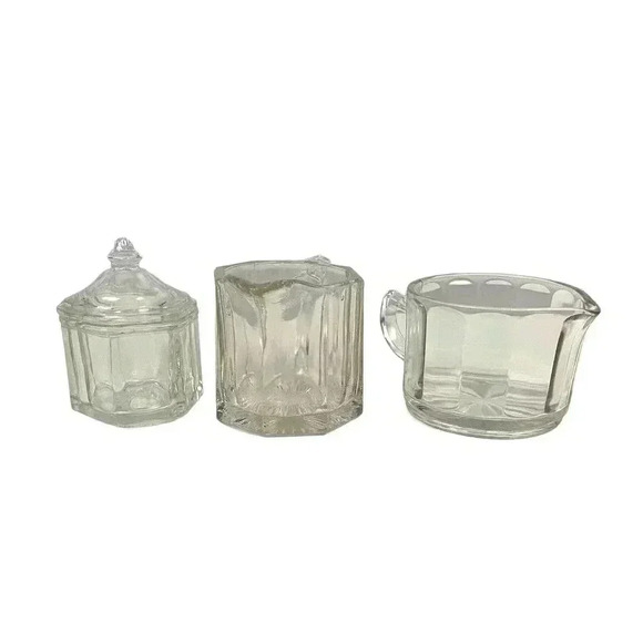 VTG 3 Pc Clear Glass Cup Small Pitcher Jar with Lid Avon Crystal - Picture 1 of 16